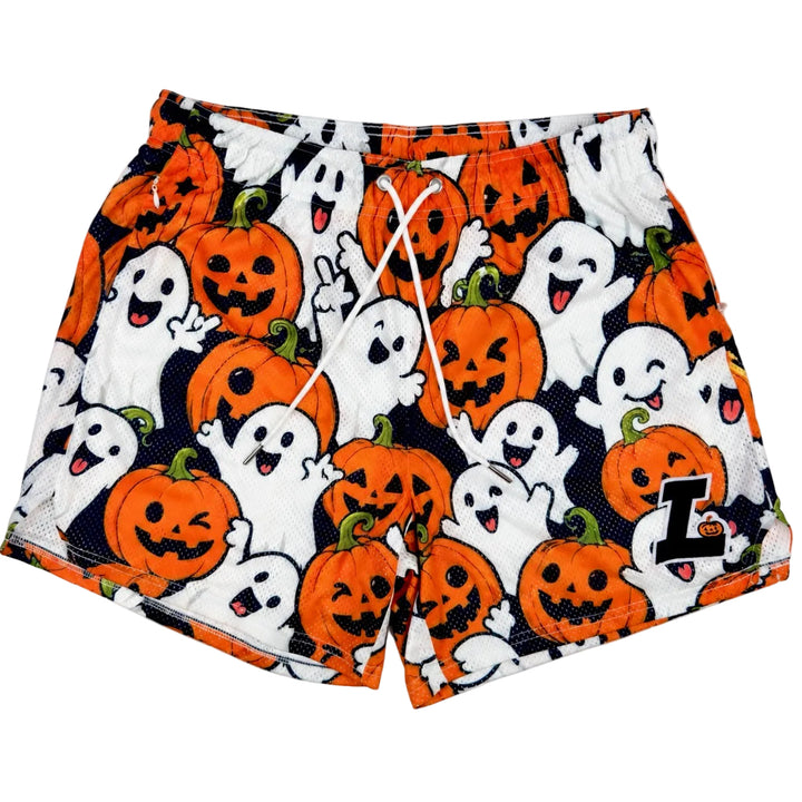 Translation missing: en.Halloween-themed athletic shorts featuring an all-over print of orange jack-o'-lanterns and white cartoon ghosts on a black mesh background, with a white drawstring and a black letter 'L' with pumpkin  logo on the lower left leg