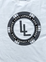 White t-shirt with 'Lumber Legs' circle logo in black and gray on a white background