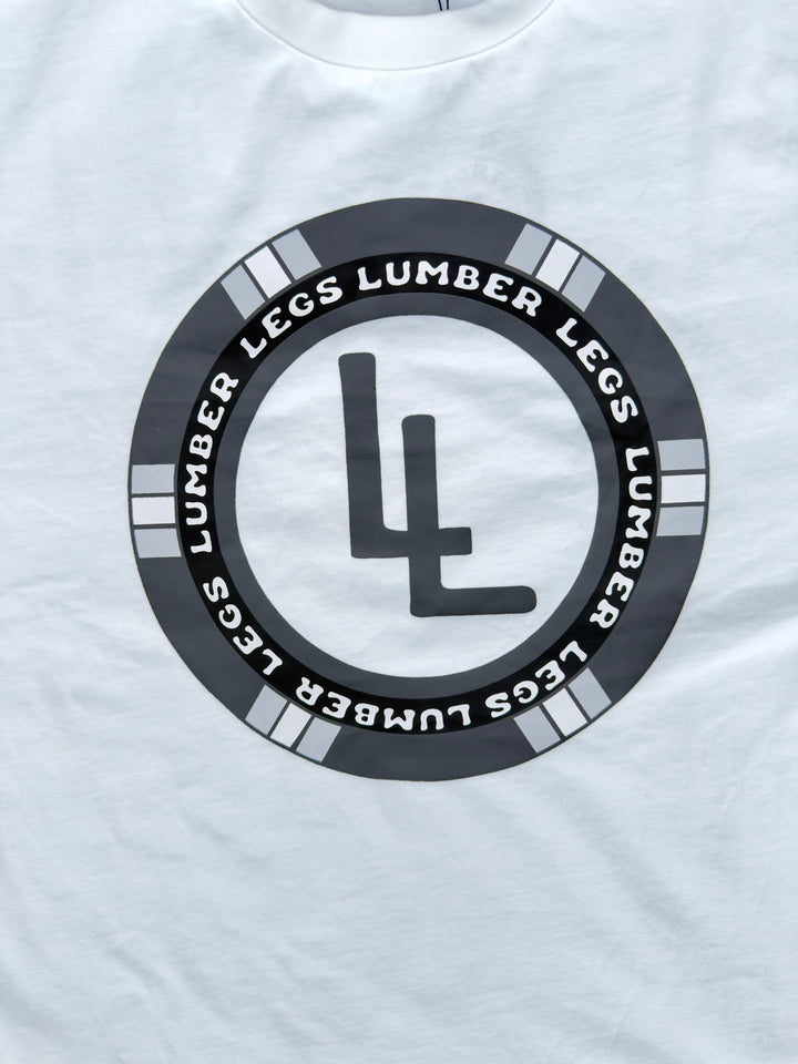 Translation missing: en.White t-shirt with 'Lumber Legs' circle logo in black and gray on a white background