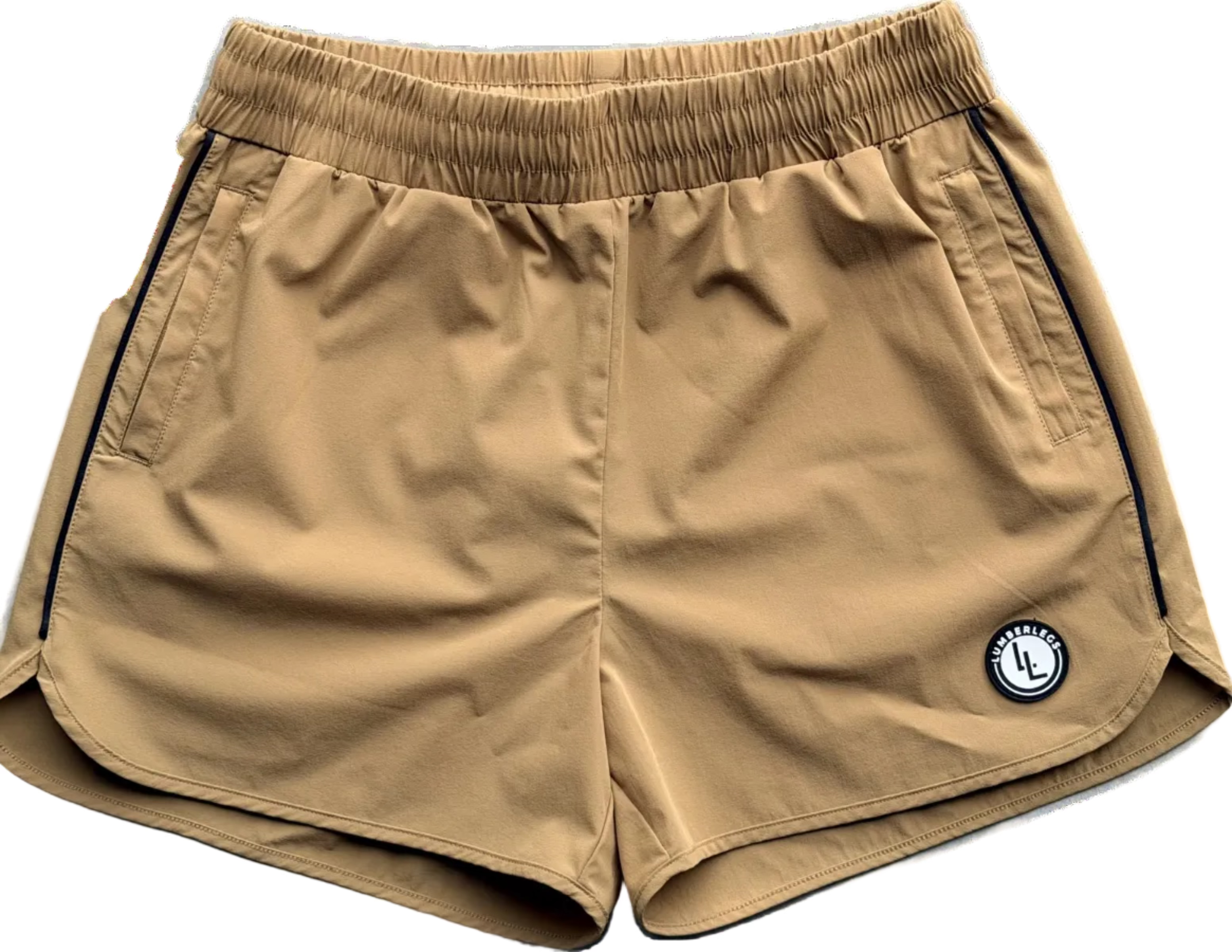 Mocha tan 3" inseam gym shorts for lifters with side pockets and rubber LL logo patch
