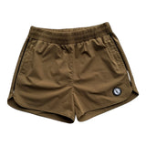 Mocha tan 3" gym shorts for lifters with side pockets and rubber LL logo patch