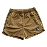 Mocha tan 3" gym shorts for lifters with side pockets and rubber LL logo patch