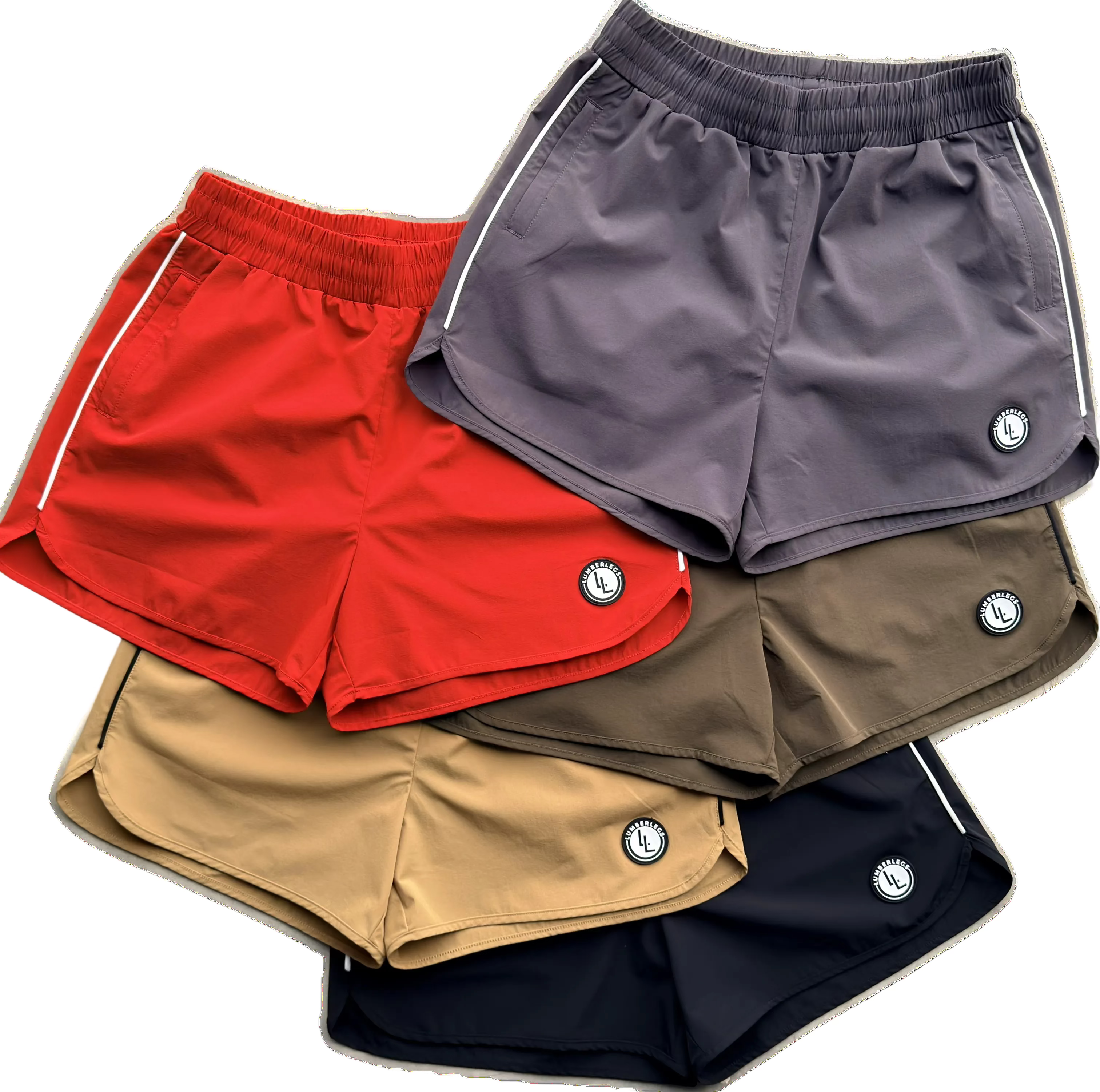 Black, tan, army green, red, and grey 3” inseam OG gym shorts. 