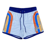 Retro Heat mesh gym shorts with blue waistband, orange, yellow, and blue stripes, and LL logo