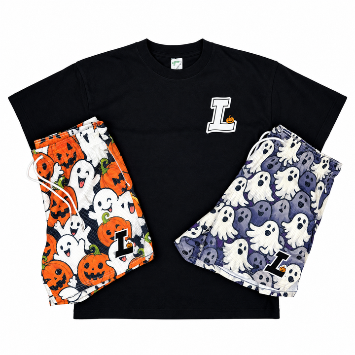 Translation missing: en.Front of Tiny Legs Rest Here tee. L with pumpkin logo with pumpkin and ghost shorts and ghost shorts