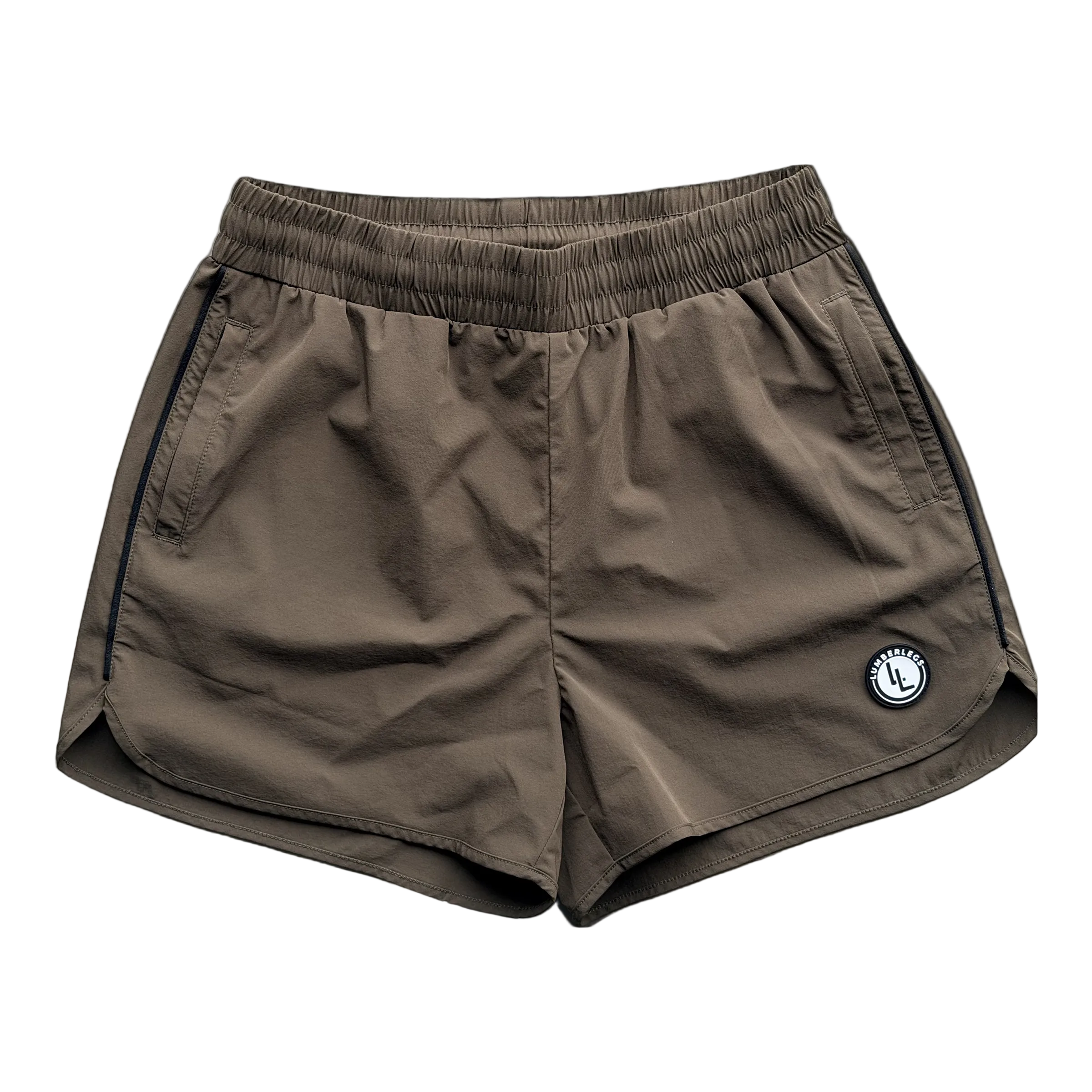 Tactical Thigh army green 3' inseam gym shorts for lifters with side pockets and LL rubber patch.