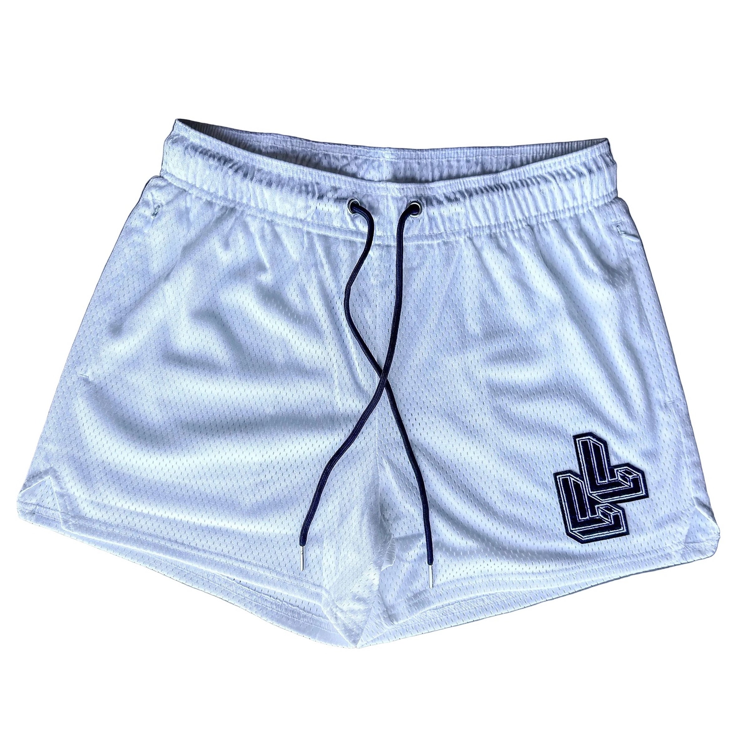 White LumberLegs Core Mesh Gym Shorts with black LL Logo