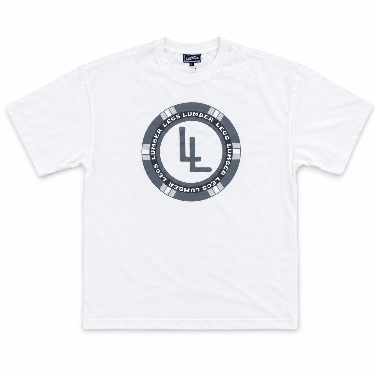 White oversized bodybuilding tee shirt with a LL circular logo.