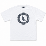White oversized bodybuilding tee shirt with a LL circular logo.