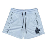 White Storm Within Us quad-fit mesh gym shorts for lifters with black lightning bolt design.