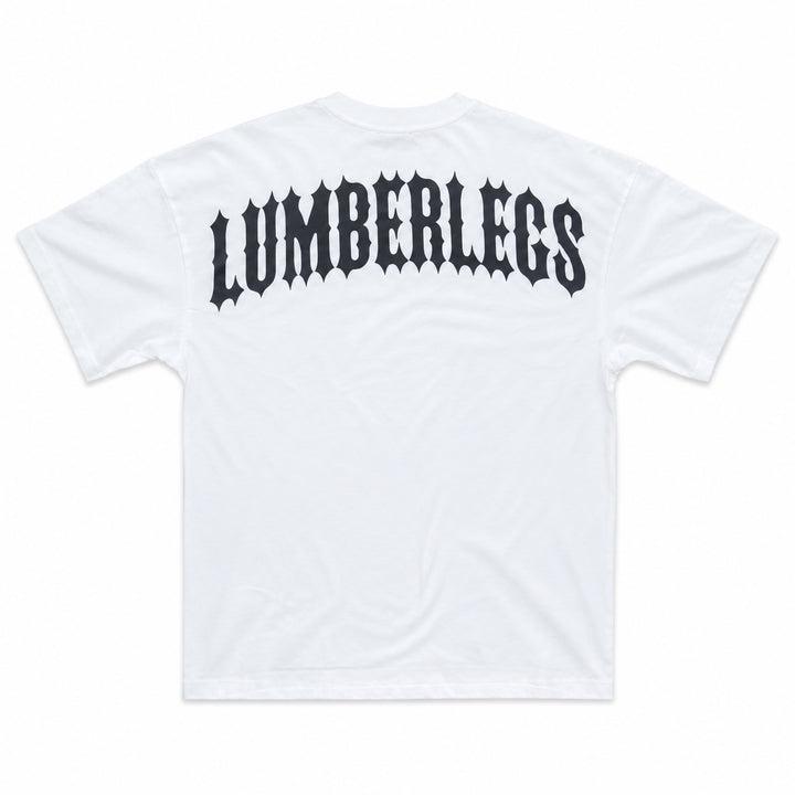Translation missing: en.White oversized bodybuilding tee-shirt with 'LUMBERLEGS' printed large across upper back
