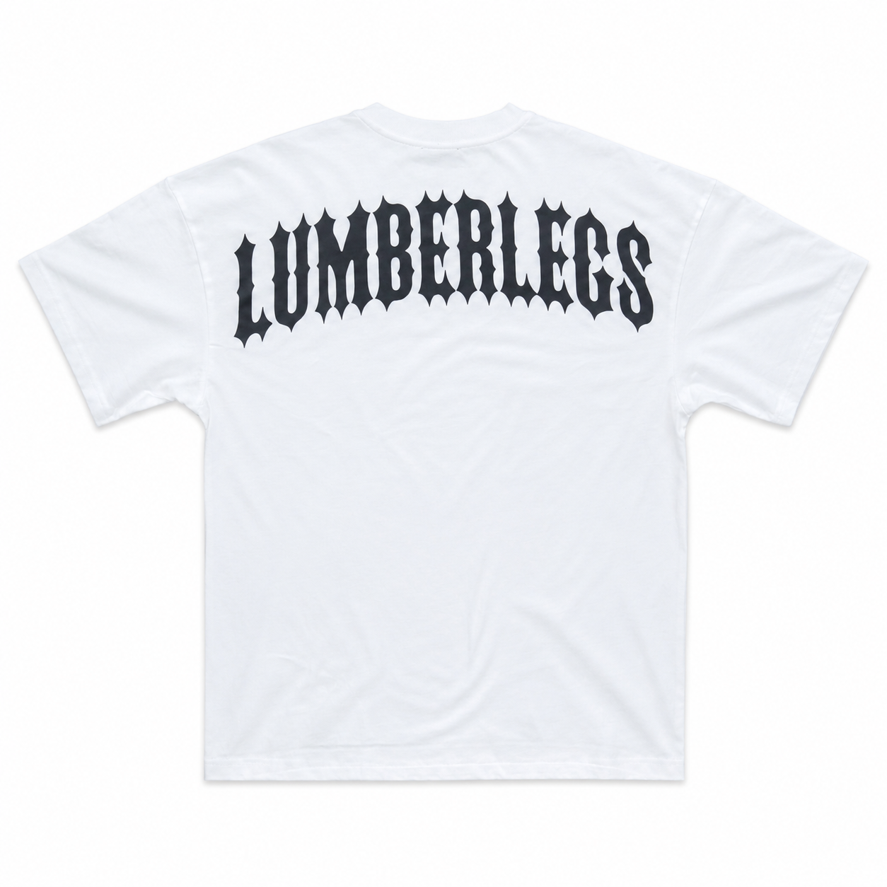 White oversized bodybuilding tee-shirt with 'LUMBERLEGS' printed large across upper back