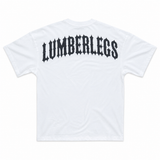White oversized bodybuilding tee-shirt with 'LUMBERLEGS' printed large across upper back