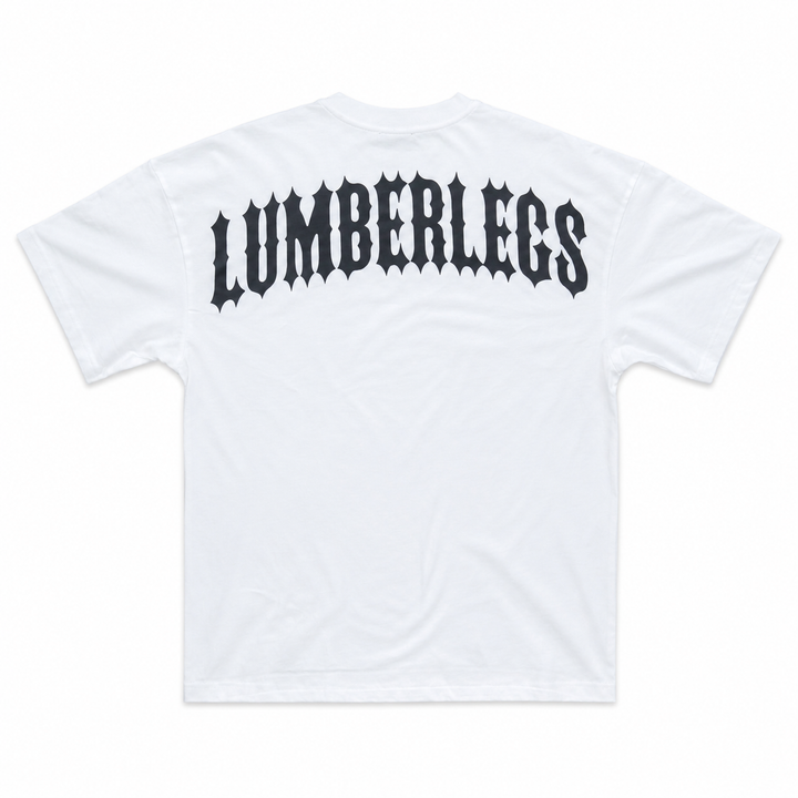 Translation missing: en.White oversized bodybuilding tee-shirt with 'LUMBERLEGS' printed large across upper back