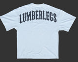 White t-shirt with 'LUMBERLEGS' printed on the back against a dark background