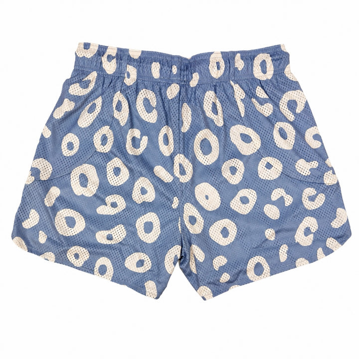 Translation missing: en.Blue mesh shorts with a cream leopard print pattern, featuring an elastic waistband