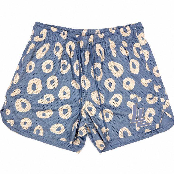 Translation missing: en.Blue mesh athletic shorts with a beige abstract spot pattern, featuring an elastic waistband, drawstring, and a stylized 'LL' logo on the lower left leg