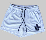 White LumberLegs Core Mesh Gym Shorts with black LL Logo