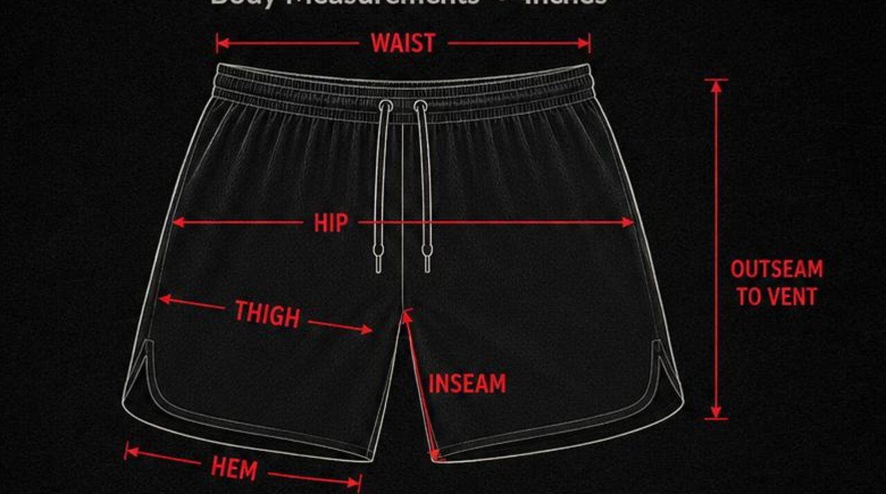 Shorts measurement diagram showing waist, hip, thigh, hem, inseam, and outseam